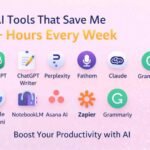 Infographic showing 10 AI tools including ChatGPT, Claude, Gemini, Perplexity, Zapier, Grammarly, Asana AI, NotebookLM, Fathom, and ChatGPT Writer that help save over 20 hours every week through productivity automation.