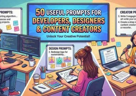 Illustration showing a collection of AI prompts for developers, designers, and content creators to improve productivity, creativity, and workflow using prompt engineering.