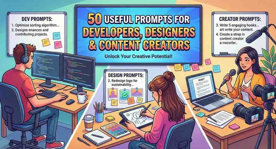Illustration showing a collection of AI prompts for developers, designers, and content creators to improve productivity, creativity, and workflow using prompt engineering.