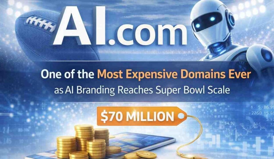 Visual graphic representing the high-value AI.com domain acquisition, symbolizing AI branding, digital assets, and large-scale marketing visibility during the Super Bowl season.