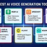 llustration showcasing the 7 best AI voice generators in 2026 including ElevenLabs, WellSaid, Murf AI, Speechify, Listnr AI, Play.ht, and Artlist, highlighting realistic human-like voices and audio technology.