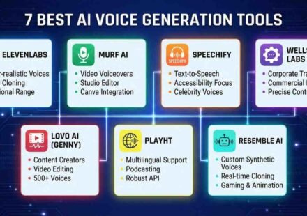 llustration showcasing the 7 best AI voice generators in 2026 including ElevenLabs, WellSaid, Murf AI, Speechify, Listnr AI, Play.ht, and Artlist, highlighting realistic human-like voices and audio technology.