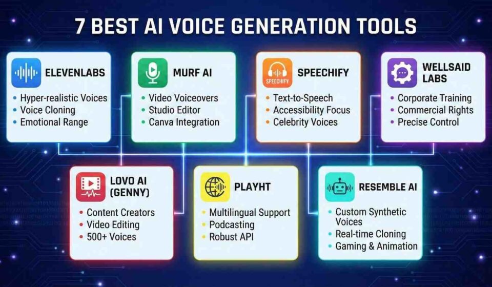 llustration showcasing the 7 best AI voice generators in 2026 including ElevenLabs, WellSaid, Murf AI, Speechify, Listnr AI, Play.ht, and Artlist, highlighting realistic human-like voices and audio technology.