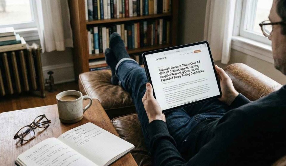 Anthropic Claude Opus 4.6 announcement graphic highlighting 1 million token context, coding, search, and office integration features in a realistic tech news style design.