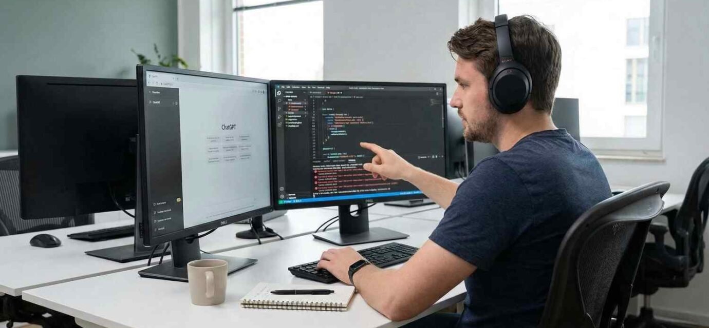Developer using ChatGPT to quickly debug code errors and improve programming workflow with AI assistance