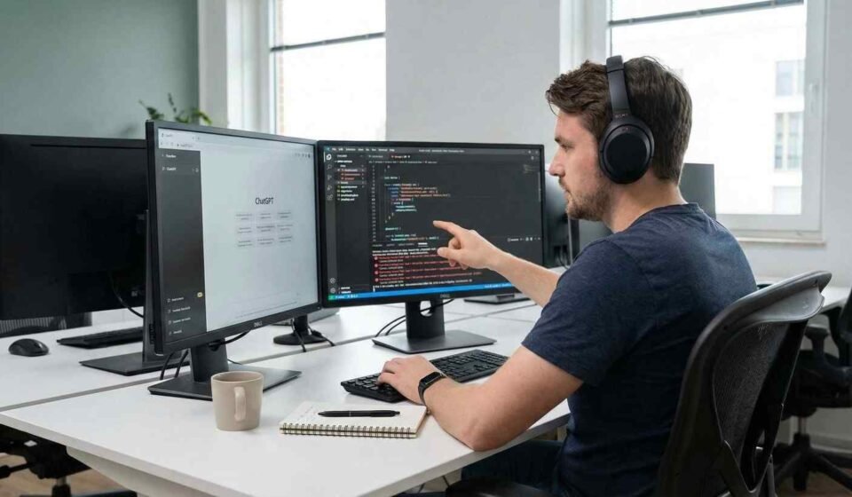 Developer using ChatGPT to quickly debug code errors and improve programming workflow with AI assistance