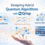 Designing hybrid quantum algorithms illustration showing entanglement, amplitude amplification, and quantum optimization concepts with Qrisp on a light background