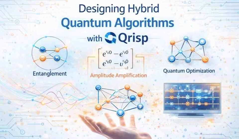 Designing hybrid quantum algorithms illustration showing entanglement, amplitude amplification, and quantum optimization concepts with Qrisp on a light background
