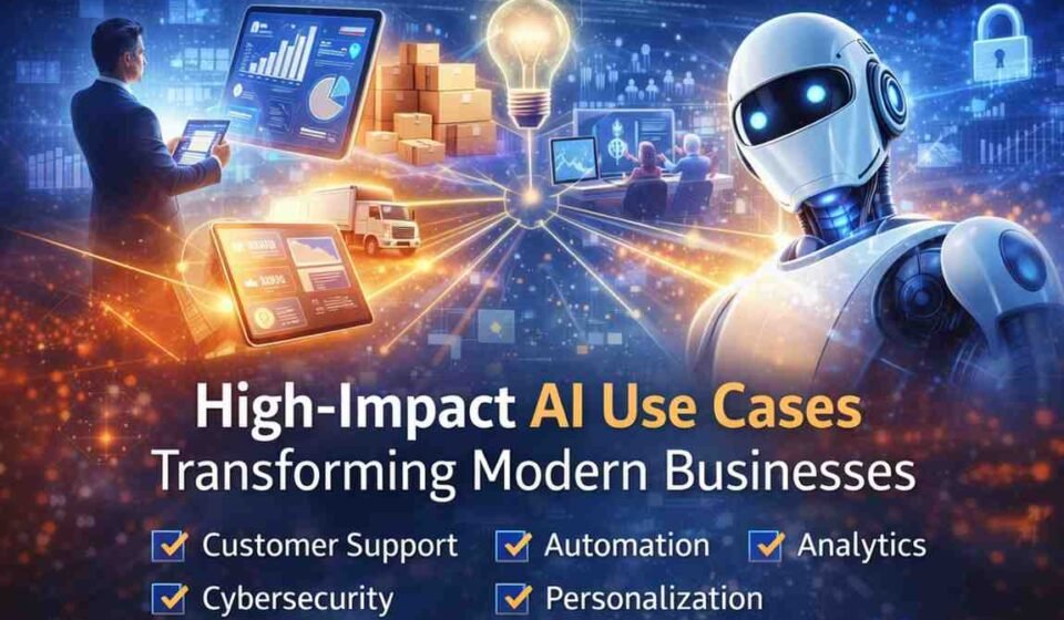 High impact AI use cases transforming modern businesses through automation, analytics, cybersecurity, and customer support