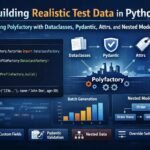 Illustration showing how Polyfactory generates realistic Python test data using dataclasses, Pydantic, attrs, nested models, and batch factories.