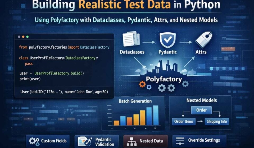Illustration showing how Polyfactory generates realistic Python test data using dataclasses, Pydantic, attrs, nested models, and batch factories.