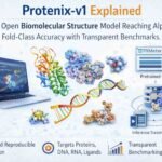 Infographic explaining Protenix-v1, an open biomolecular structure prediction model showing protein, DNA, RNA, ligand structures, pretrained models, PXMeter benchmarking, and inference training pipelines with AlphaFold-class accuracy.